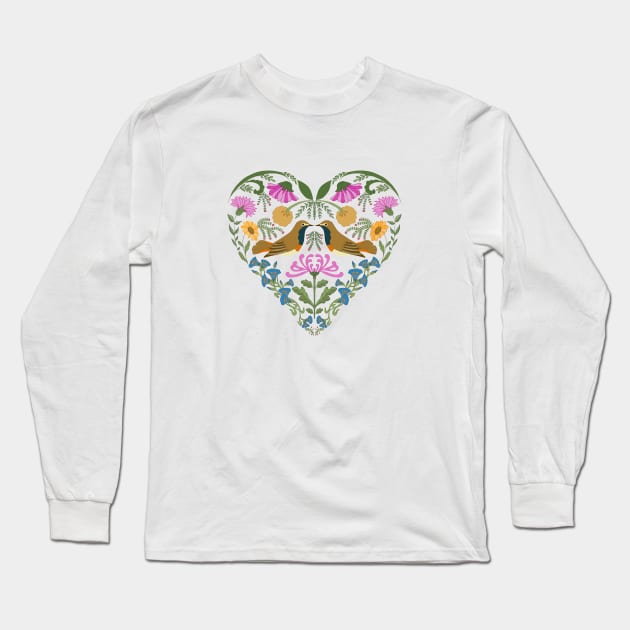 Folk Art Love Birds Long Sleeve T-Shirt by Katia Galante Art